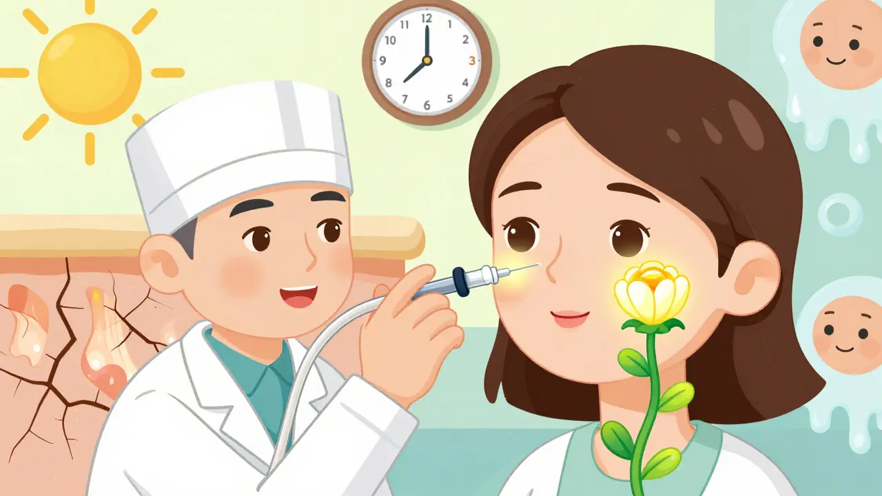 Врач делает инъекцию увлажнения, а кожа по бокам меняется от сухой к увлажнённой, как цветущий цветок.