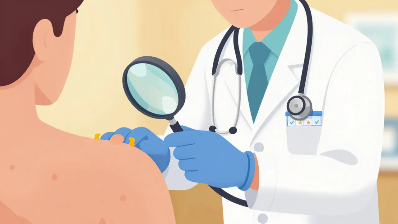 Врач осматривает пациента с сертификатами и увеличительным стеклом.