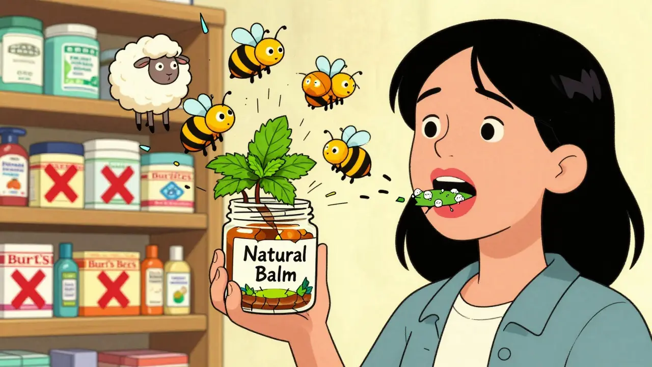 Женщина держит бальзам, из которого выпрыгивают монстры-ингредиенты, а её губы трескаются как пейзаж.