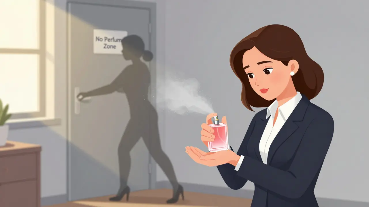 Женщина наносит духи дома, тень её в офисе отстраняется.