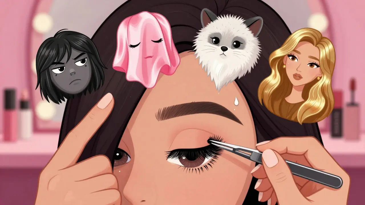 Близкий план глаза, на который аккуратно наносят один пучок ресниц, вокруг — иконки материалов: синтетика, шёлк, норка, человеческий волос.