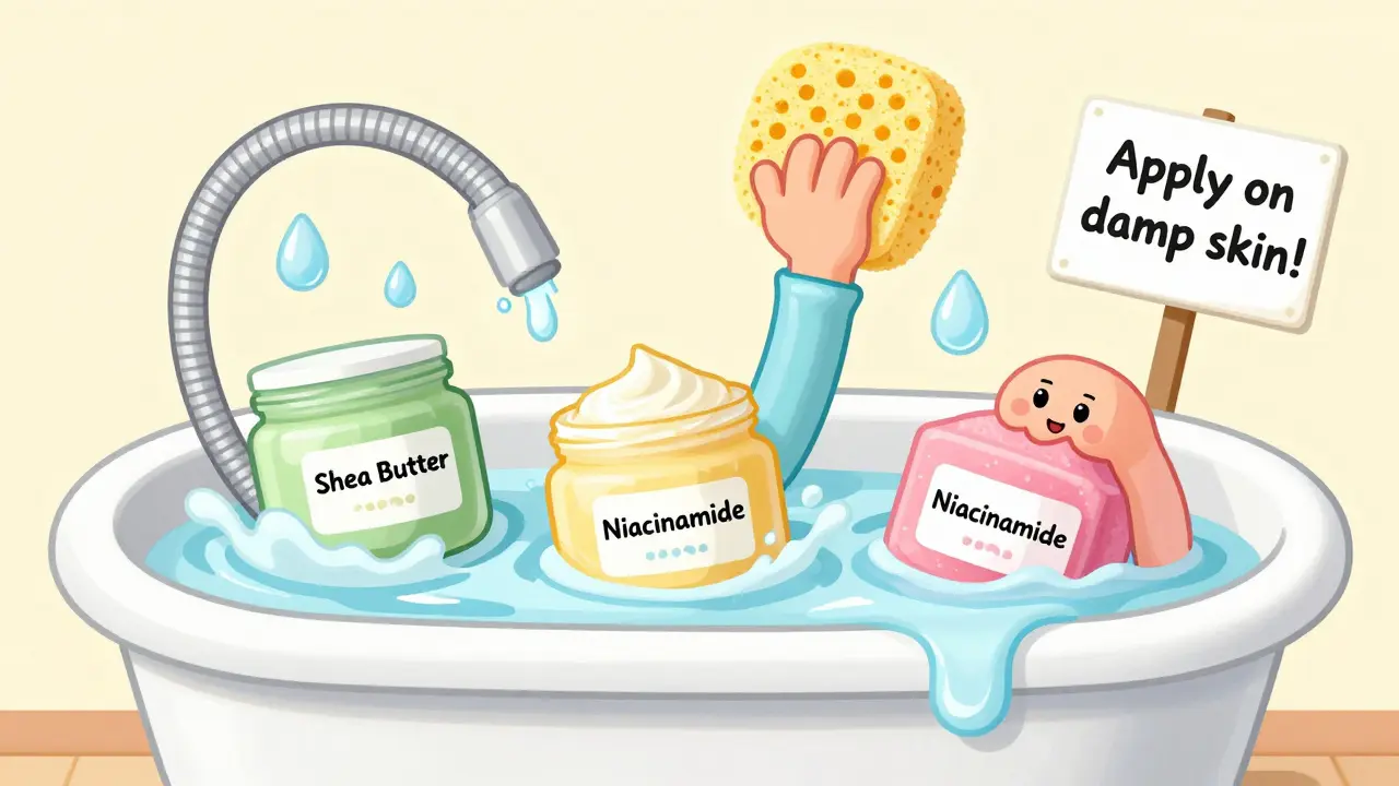 Большая ванна с кремами, руки тянутся к банкам с ингредиентами, капли воды прыгают по поверхности.