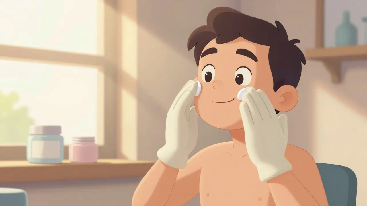 Человек аккуратно прибивает руки, нанося крем на лицо