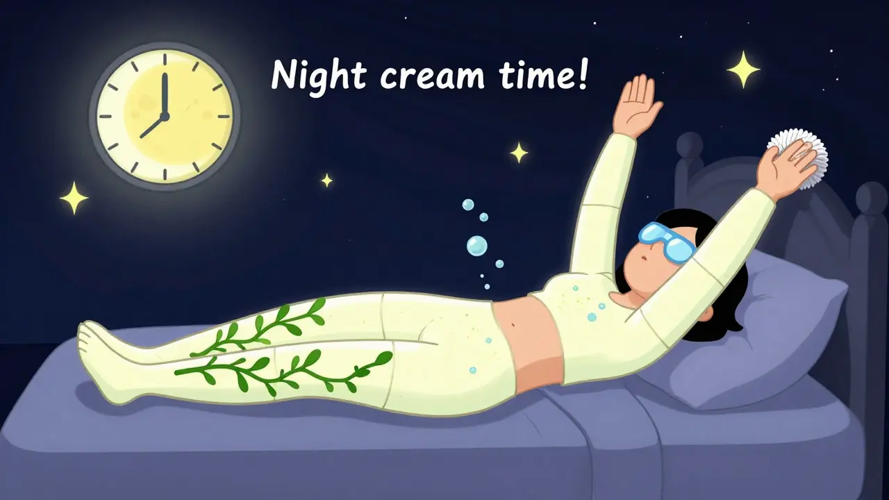 Человек ночью, его тело светится разными участками: ноги увлажняются, спина пузырится, локти чистятся, плечи защищены солнцезащитным кремом.