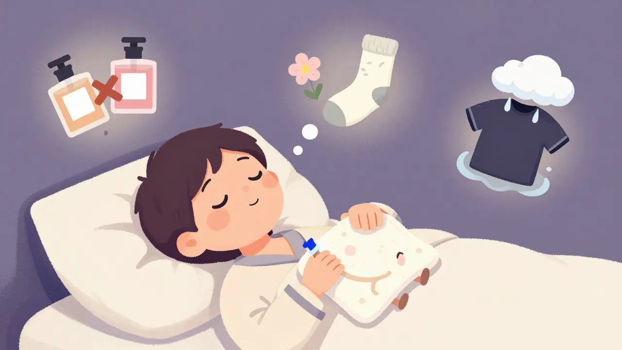 Человек перед сном наносит парфюм, а уходовое средство укрывает его полотенцем, вокруг — запрещённые действия.