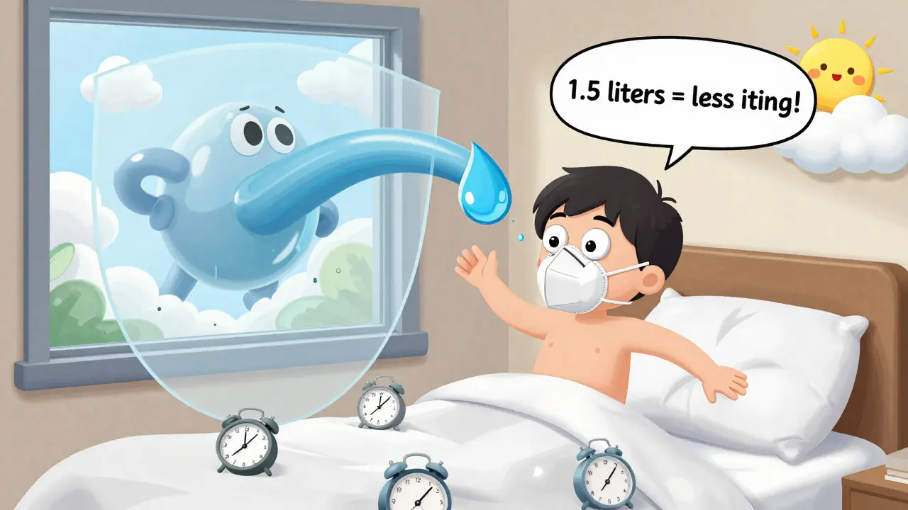 Человек в маске спит на чистом постельном белье, а капля воды пьет в его рот, солнце светит за окном.