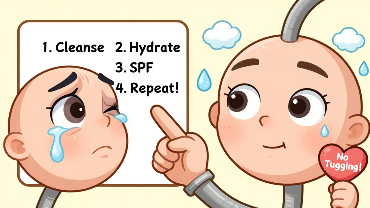 Два лица: одно с отёками и тёмными кругами, другое — сияющее и увлажнённое, рядом — чек-лист ухода за кожей вокруг глаз.