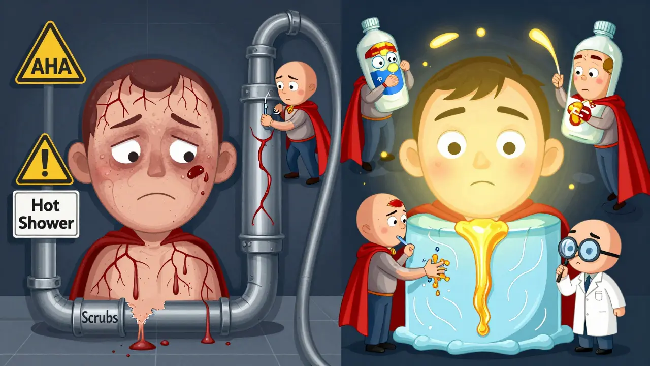 Два лица: одно с покраснениями и предупреждениями, другое — здоровое, под лечением тройного комплекса ингредиентов.