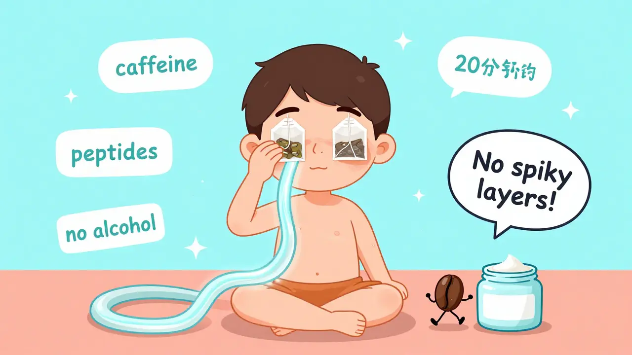 Экспресс-уход для глаз: охлаждённые пакетики, сыворотка и кофеин в виде персонажей в мультяшном стиле.