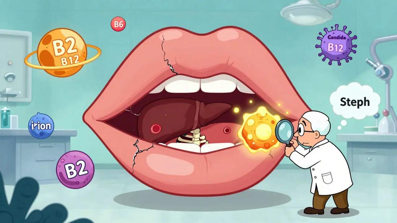 Гигантская губа с витаминами и инфекциями в виде планет вокруг неё в лаборатории.