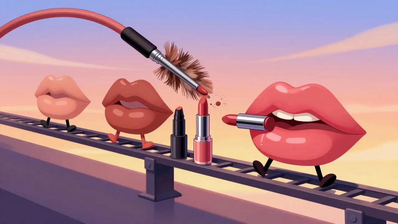 Губы получают праймер, пудру и помаду как на конвейере — всё в стиле мультфильма.