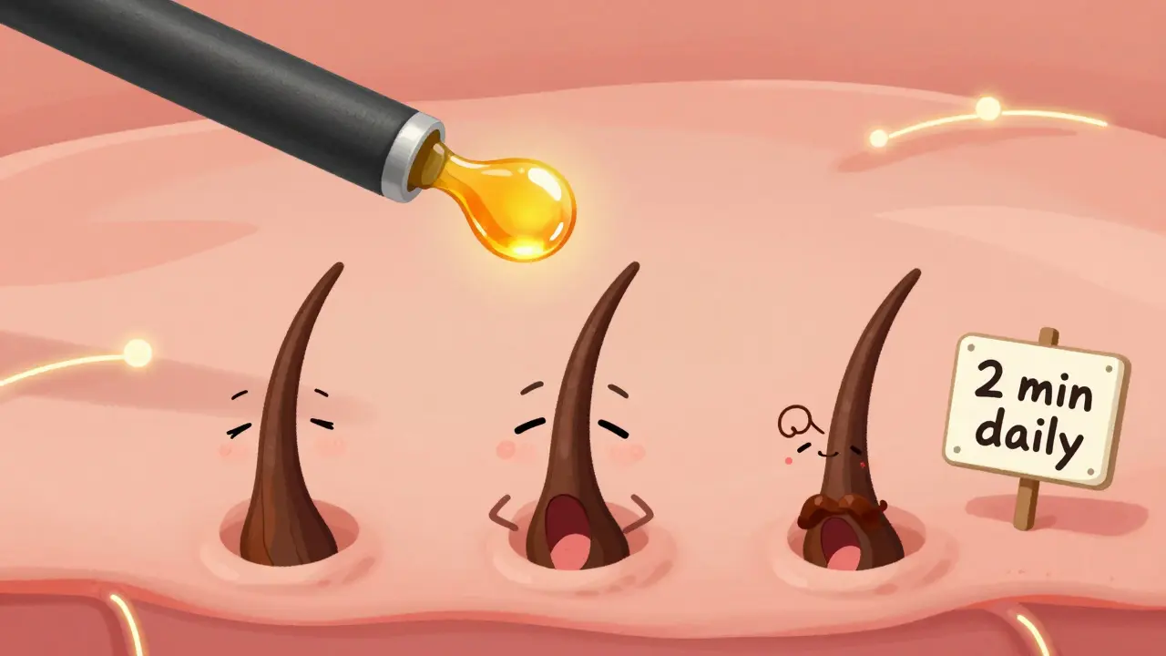 Капля масла катится по реснице, волосяные луковицы просыпаются и выпускают новые ресницы.