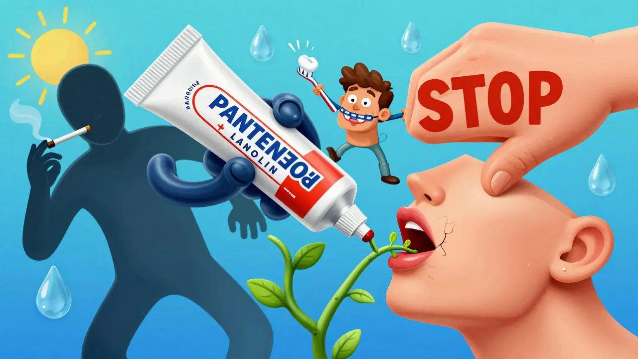 Лечение трещин на губах мазью с заживляющими растениями, а курение и скобки отталкиваются.