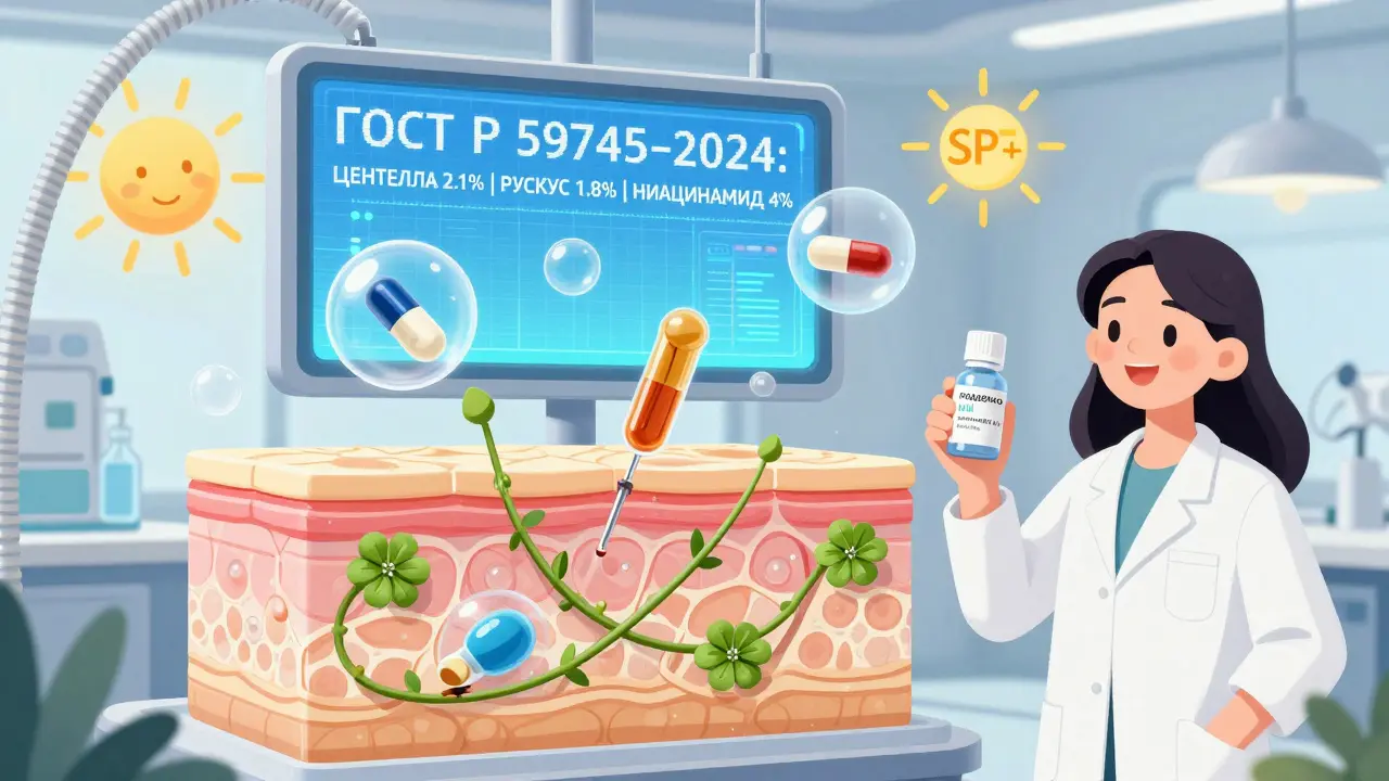 Мультяшная лаборатория 2025 года, где молекулы ингредиентов работают вместе, а на экране — требования нового стандарта.