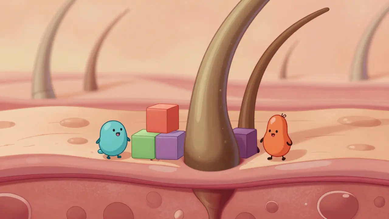 Пептиды и витамины питают луковицу ресницы внутри кожи в мультяшном стиле.