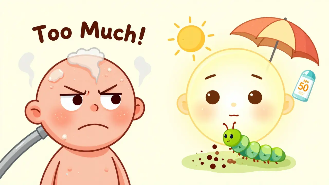 Раздраженная кожа слева и спокойная, сияющая кожа справа с ферментным фейри и солнцезащитным кремом, показывающая безопасный уход.