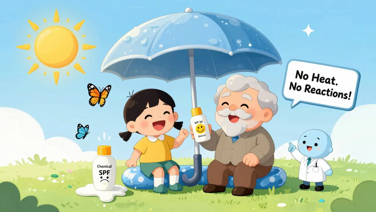 Ребёнок и пожилой человек смеются под зонтиком-кристаллом оксида цинка, а химический SPF тает в луже.