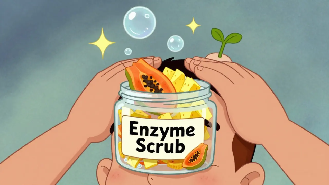 Рука массирует голову с помощью энзимного скраба из папайи и ананаса, стимулируя рост волос.