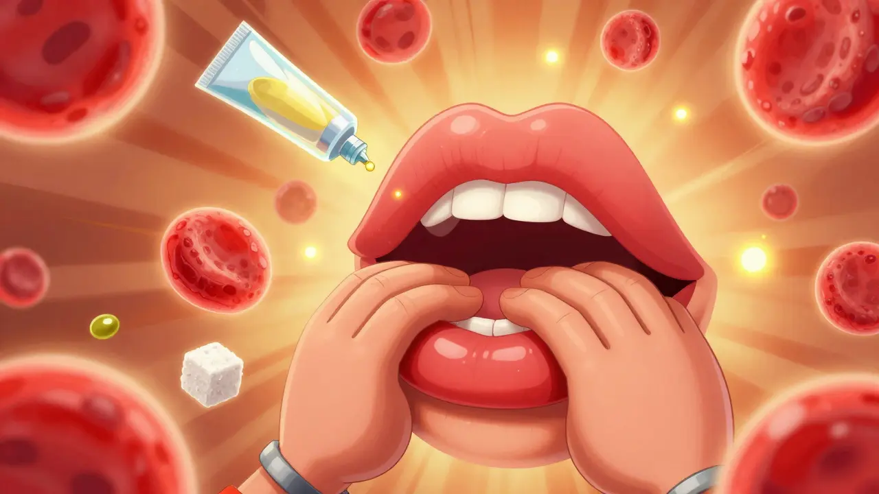 Рука массирует губы, вокруг них кружат красные клетки, как светлячки.