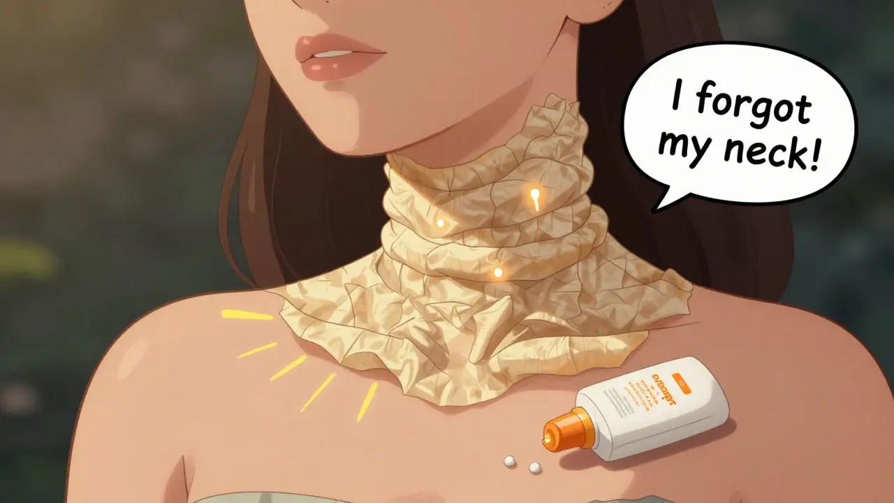 Шея и декольте выглядят старше лица из-за отсутствия защиты от солнца.