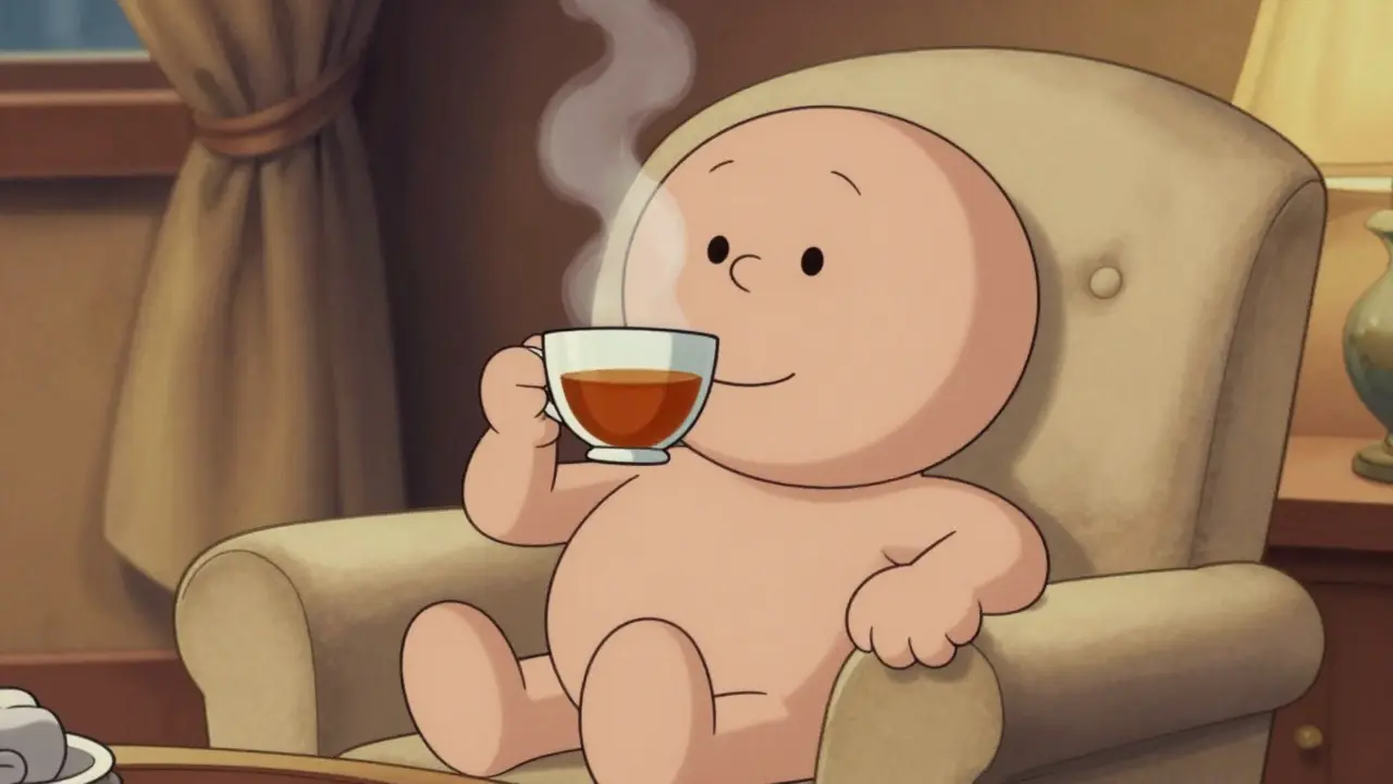 Спокойный персонаж пьет чай после процедур в винтажном интерьере спа