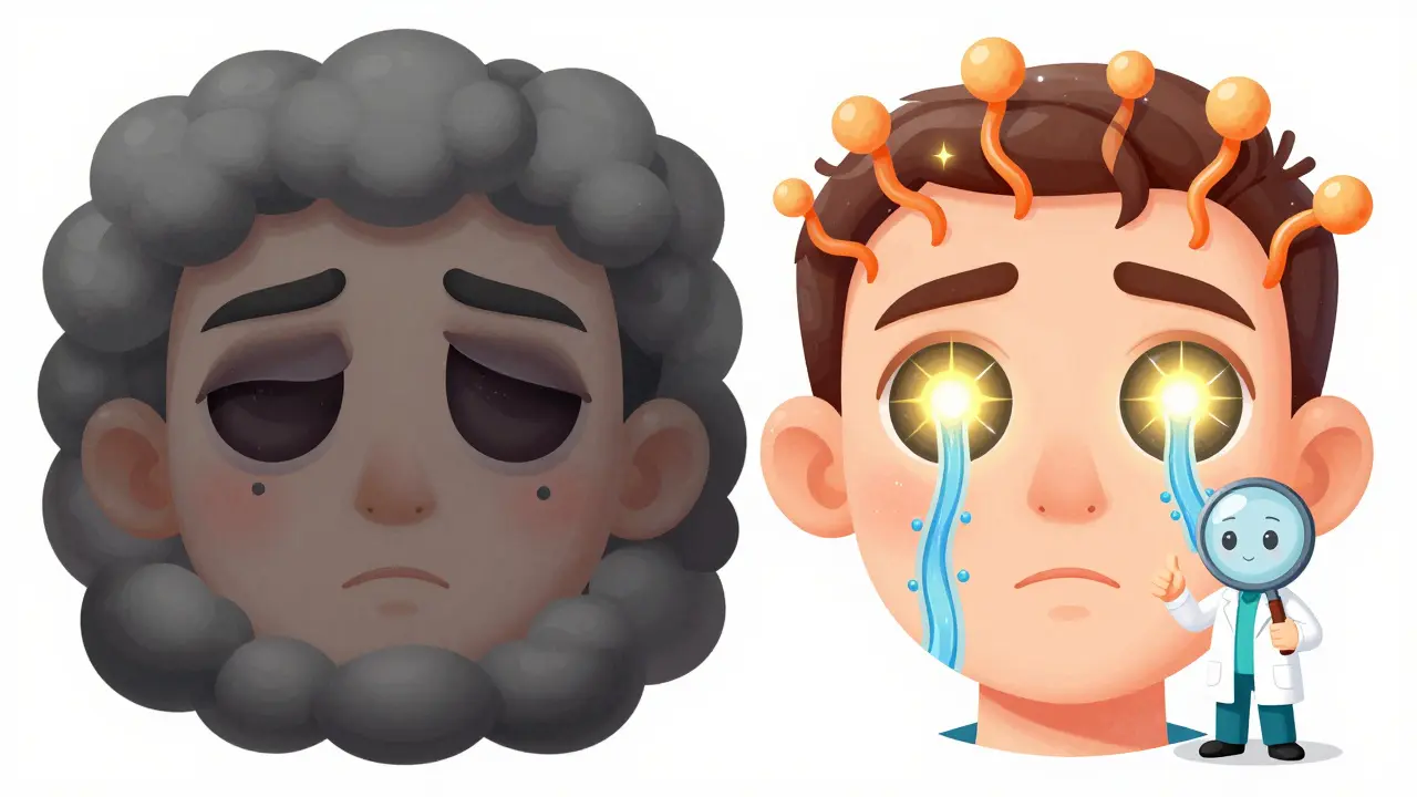 Сравнение уставшего лица с тёмными кругами и свежего лица с сияющими золотыми потоками под глазами.