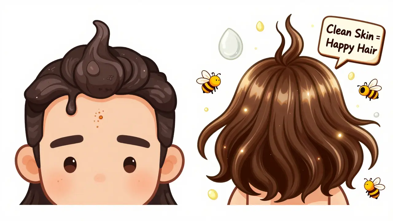 Сравнение загрязненной и очищенной кожи головы: слева — грязь, справа — сияющие волосы и активные ингредиенты.