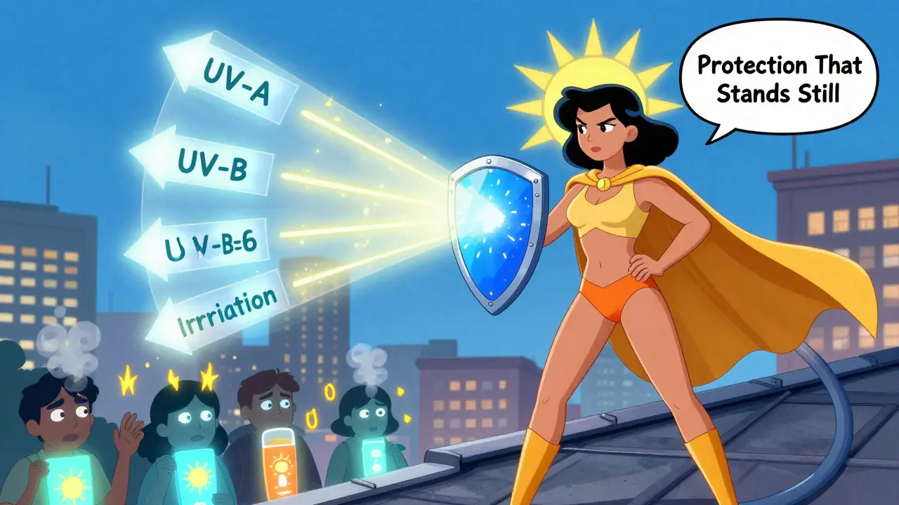 Супергероиня с минеральным щитом отражает солнечные стрелы, в то время как другие люди используют дымящиеся химические солнцезащитные средства.