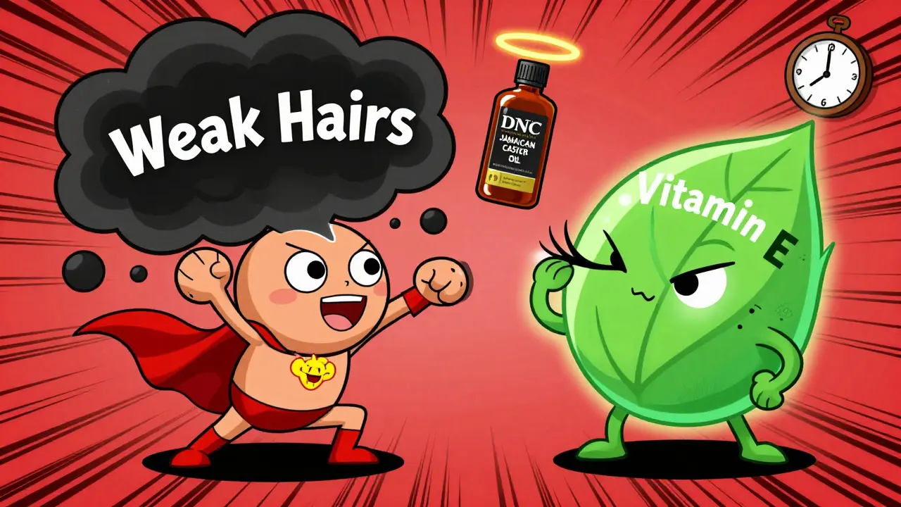 Супергерой из капли масла бьёт тучу слабых волосков, рядом — бутылка касторового масла с сиянием.