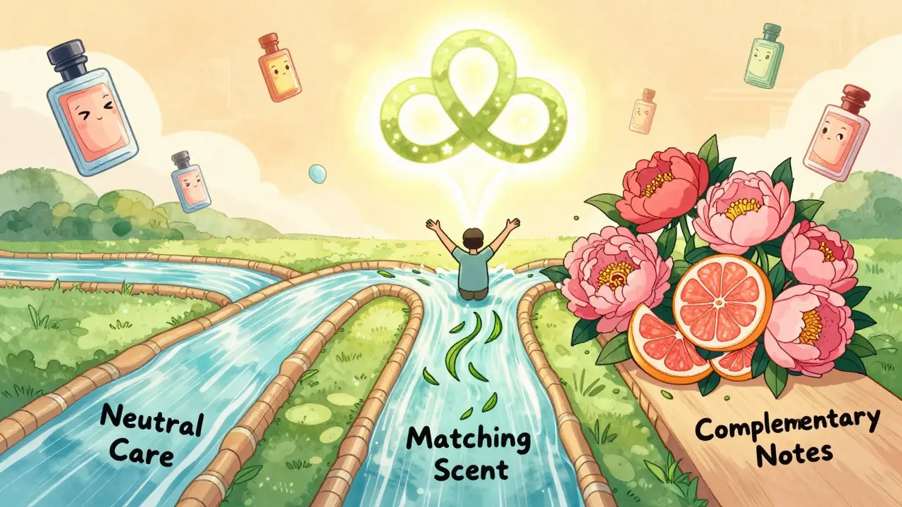 Три ароматических потока сливаются в гармоничный облако, символизируя правильное сочетание ухода и парфюма.