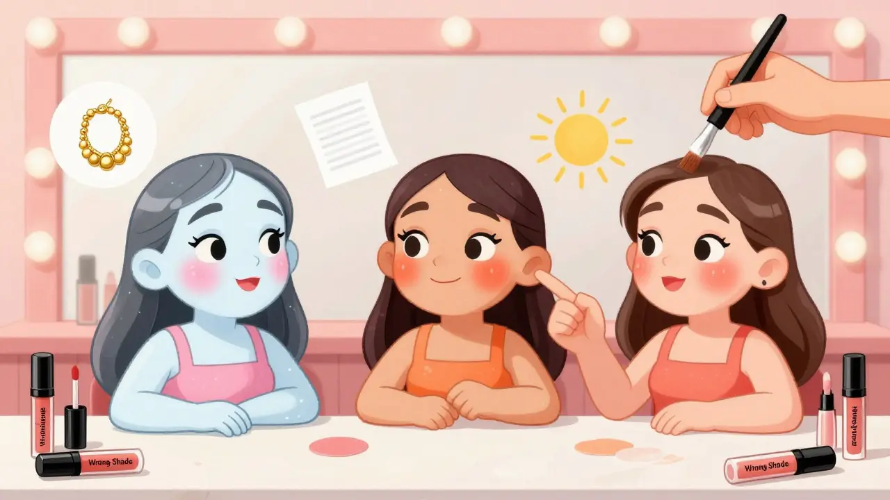 Три лица с неподходящими и идеальными оттенками румян, рядом — символы золота, бумаги и солнца для определения подтона.