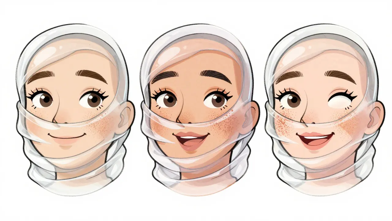 Три прозрачных слоя ухода и макияжа, как ленты, мягко обволакивают лицо, скрывая пятна.