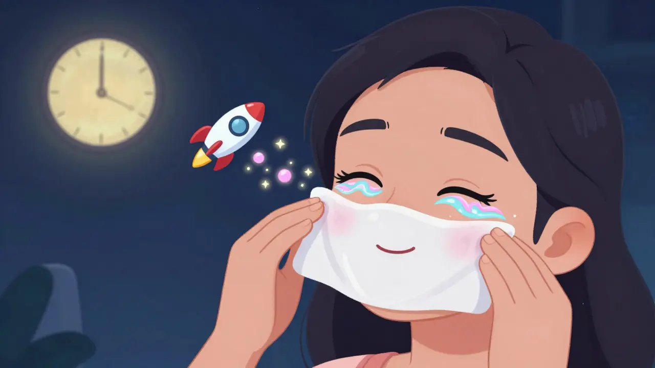 Вечерний уход: человек снимает макияж мягкой салфеткой, вокруг глаз — светящиеся пептиды и ретинол-ракета.