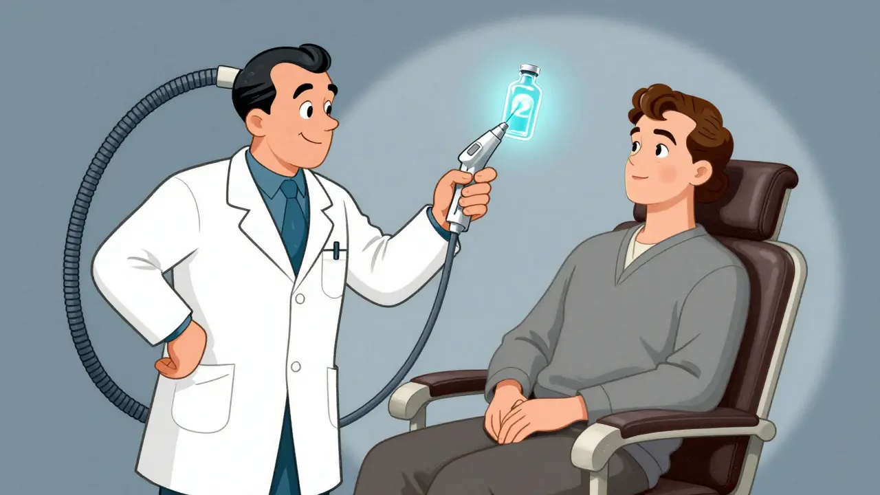 Винтажный доктор с лазером и флаконом для лечения кожи.