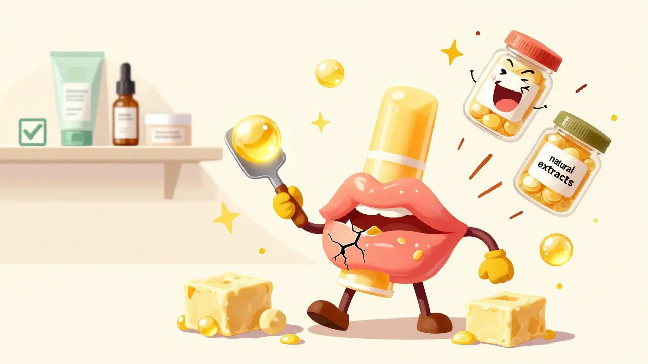 Волшебный бальзам для губ, запечатывающий трещины с помощью глицерина, сквалана и витамина F, в стиле резиновой анимации.