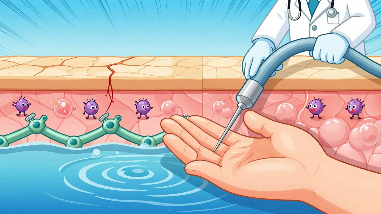 Врач использует гибкую иглу, чтобы восстановить кожу рук, создавая волны увлажнения.