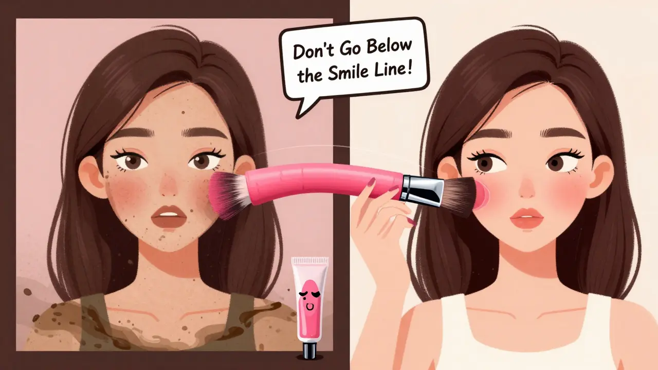 Женщина наносит румяна кистью, которая растягивается, как резиновая труба, с правильным и неправильным расположением цвета на щеках.