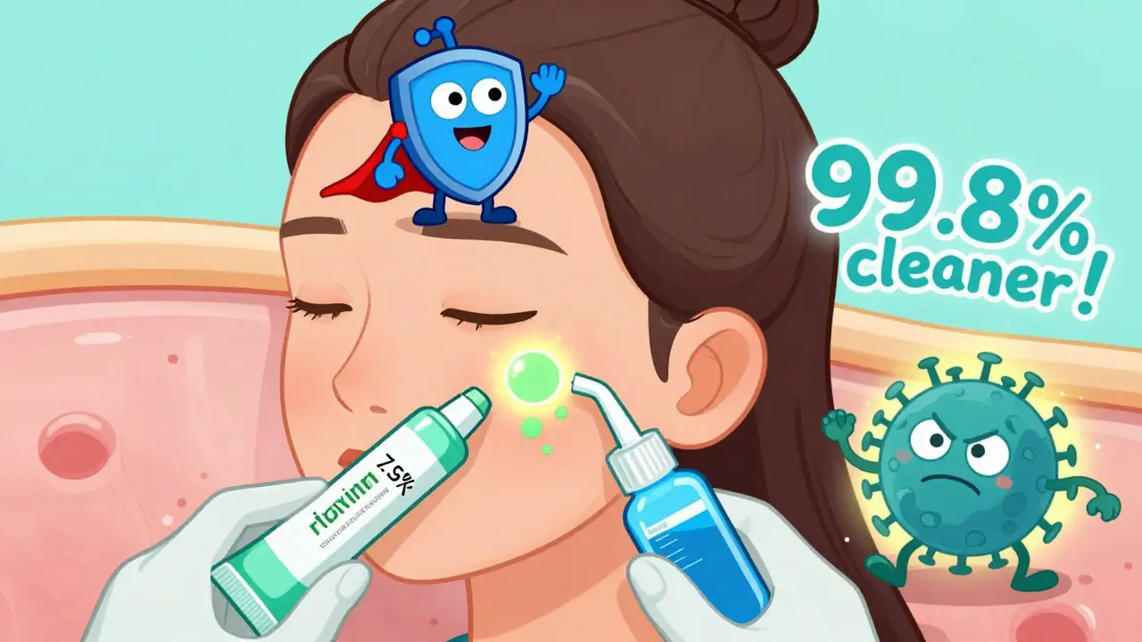 Женщина получает противовирусный крем и антисептик, вирус убегает, иммунитет радуется.