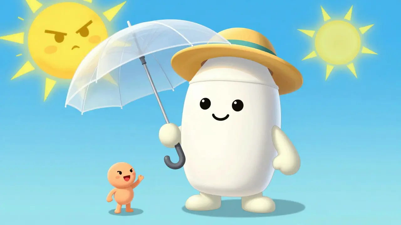 Бутылка SPF с зонтиком защищает человека от солнечных лучей в стиле старых мультфильмов