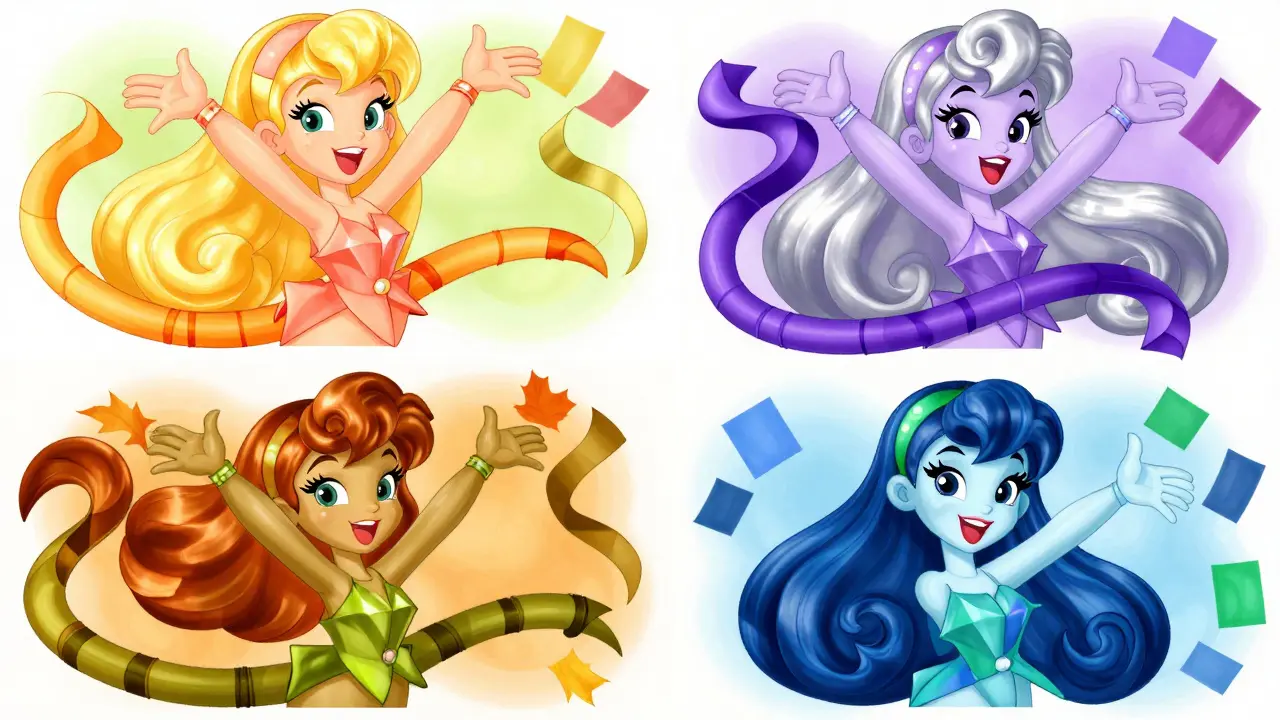 Четыре персонажа, представляющие весенний, летний, осенний и зимний цветотипы в стиле анимации 30-х.