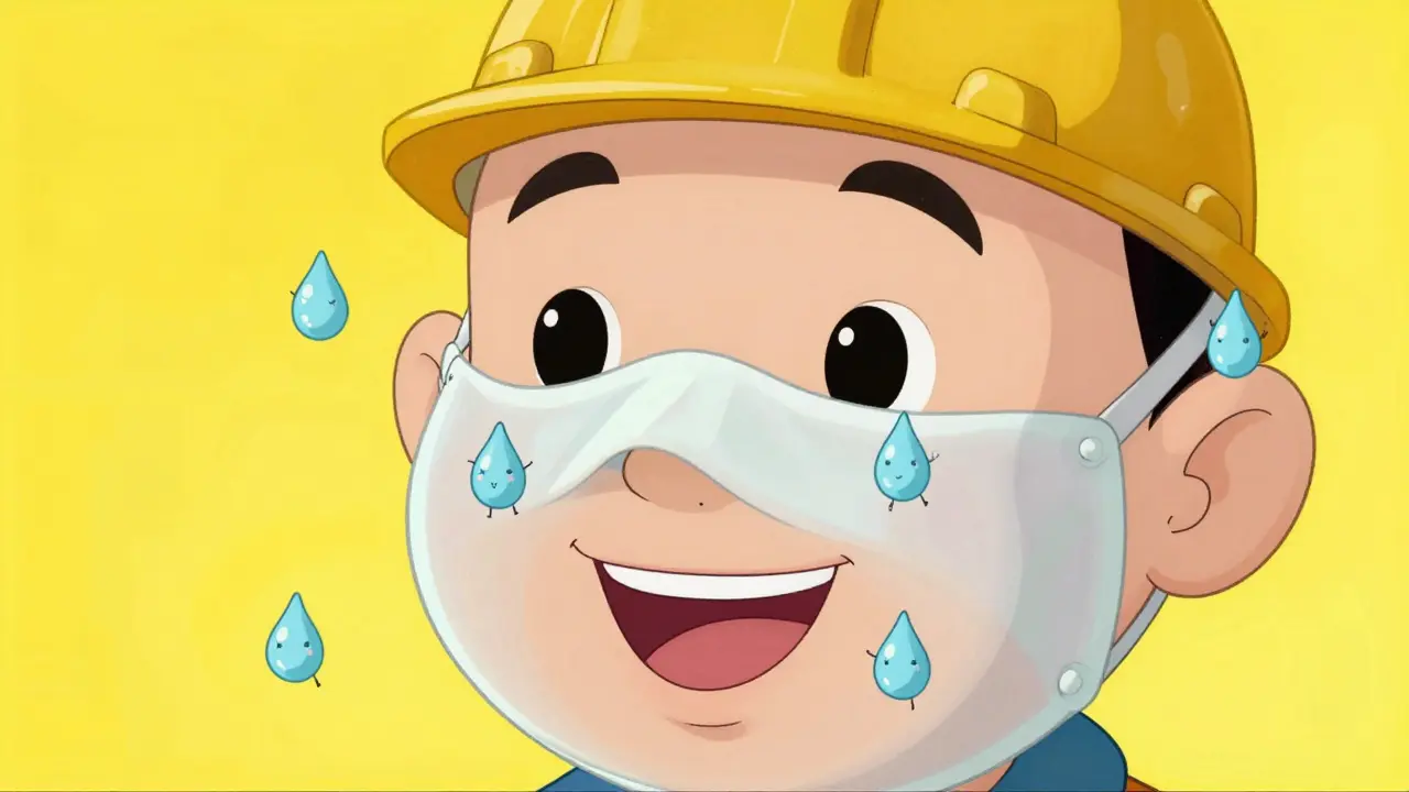 Иллюстрация процесса увлажнения кожи под тканевой маской с забавными капельками воды