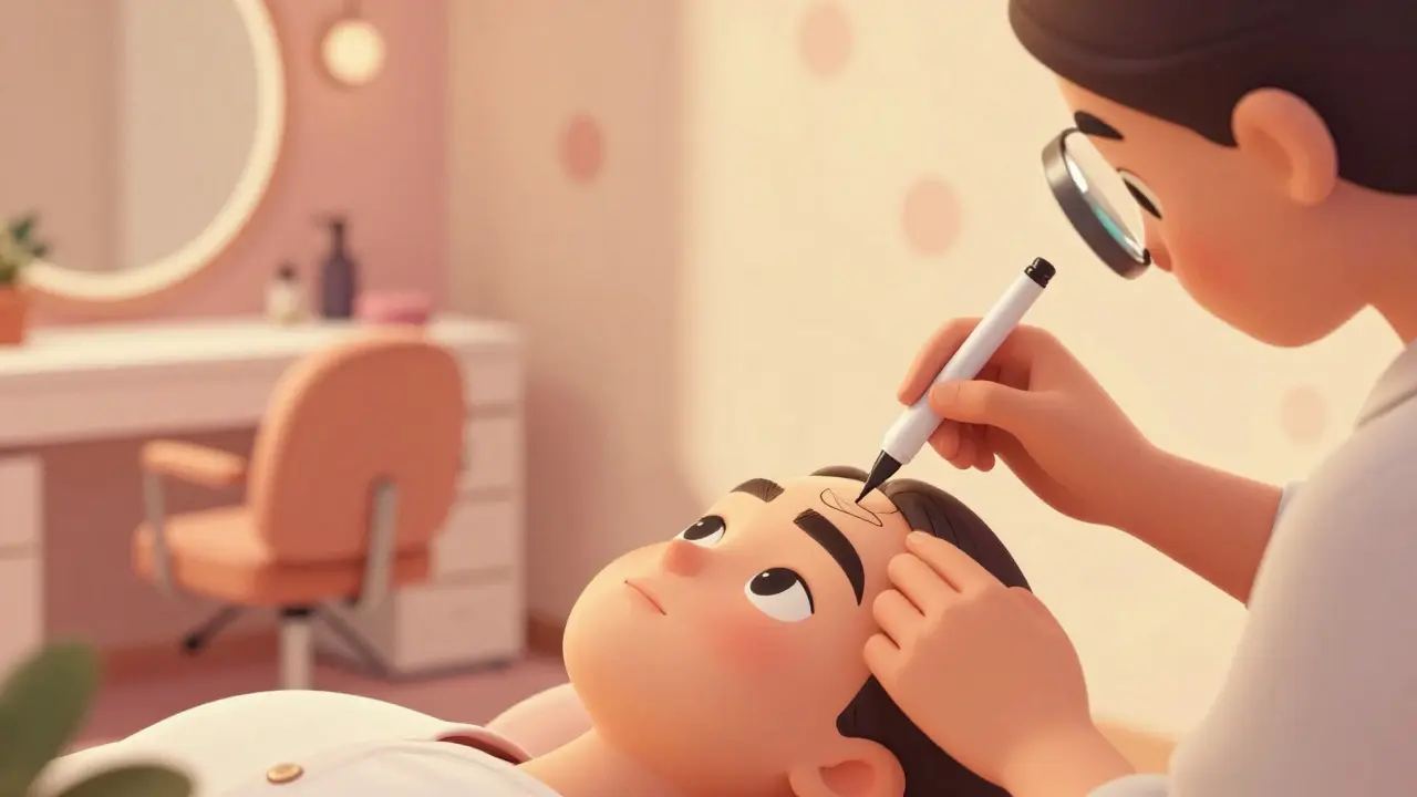 Мастер-бровист наносит разметку формы бровей клиенту в стиле ретро-иллюстрации