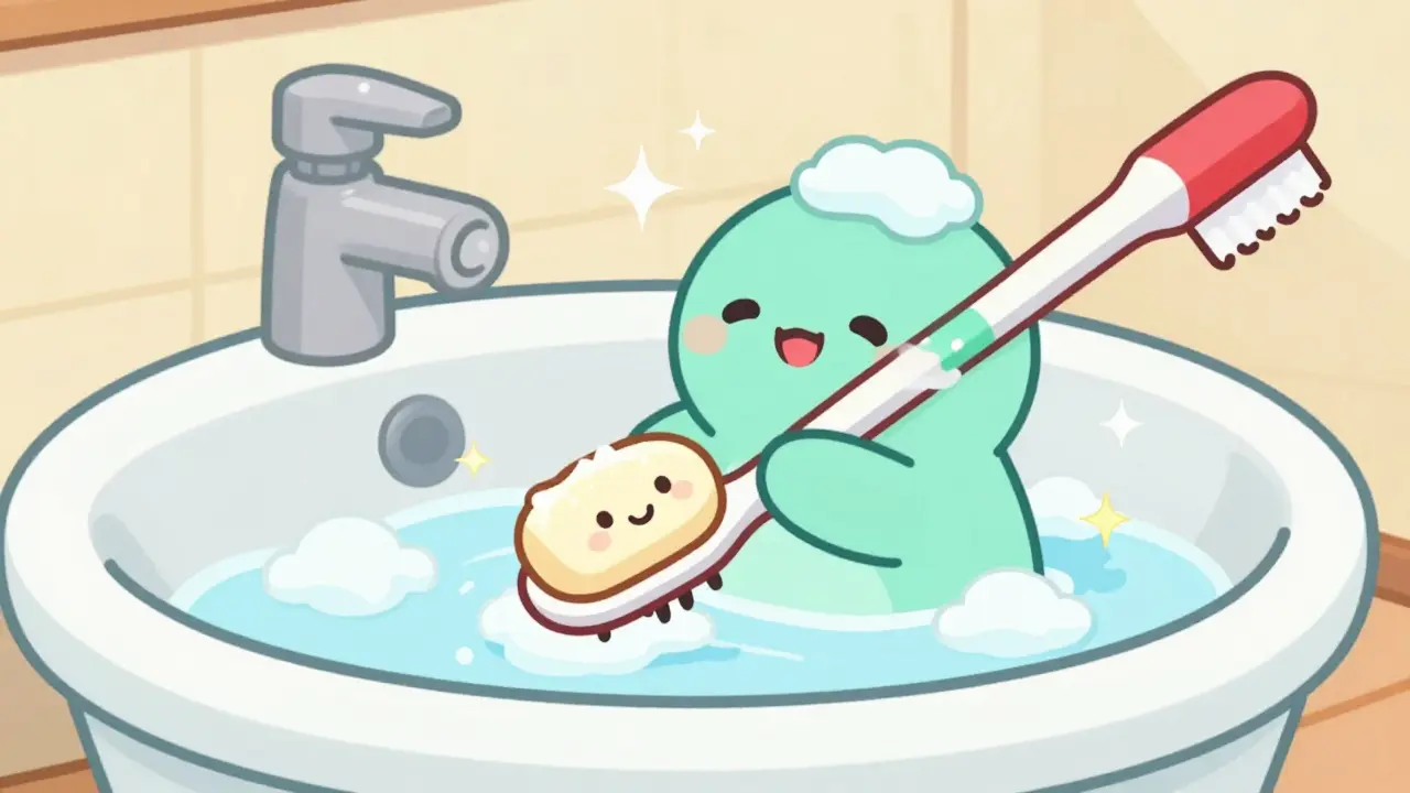 Мультяшная кисть для помады принимает ванну с мыльными пузырями.