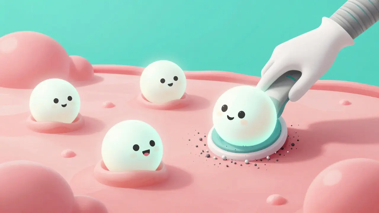 Округлые полирующие сферы мягко очищают поверхность кожи в стиле ретро-мультфильма