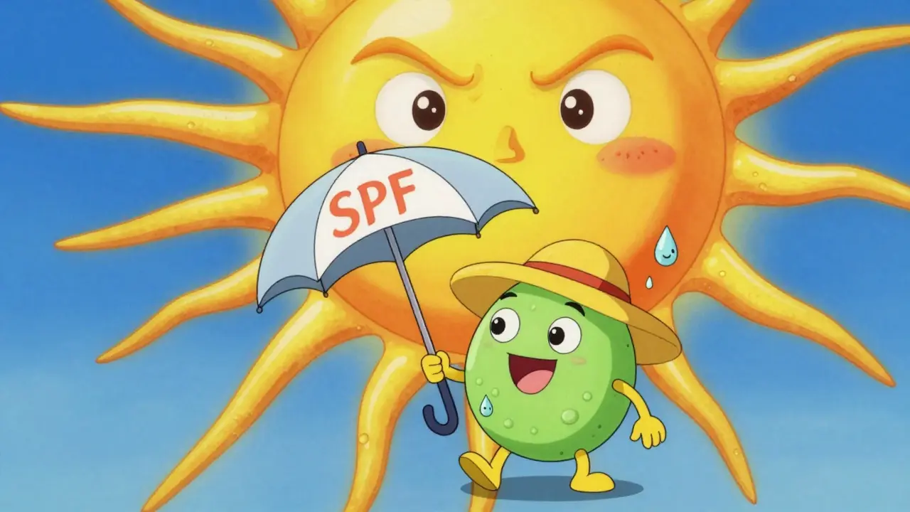 Персонаж-клетка кожи под зонтом SPF, защищающий от солнца
