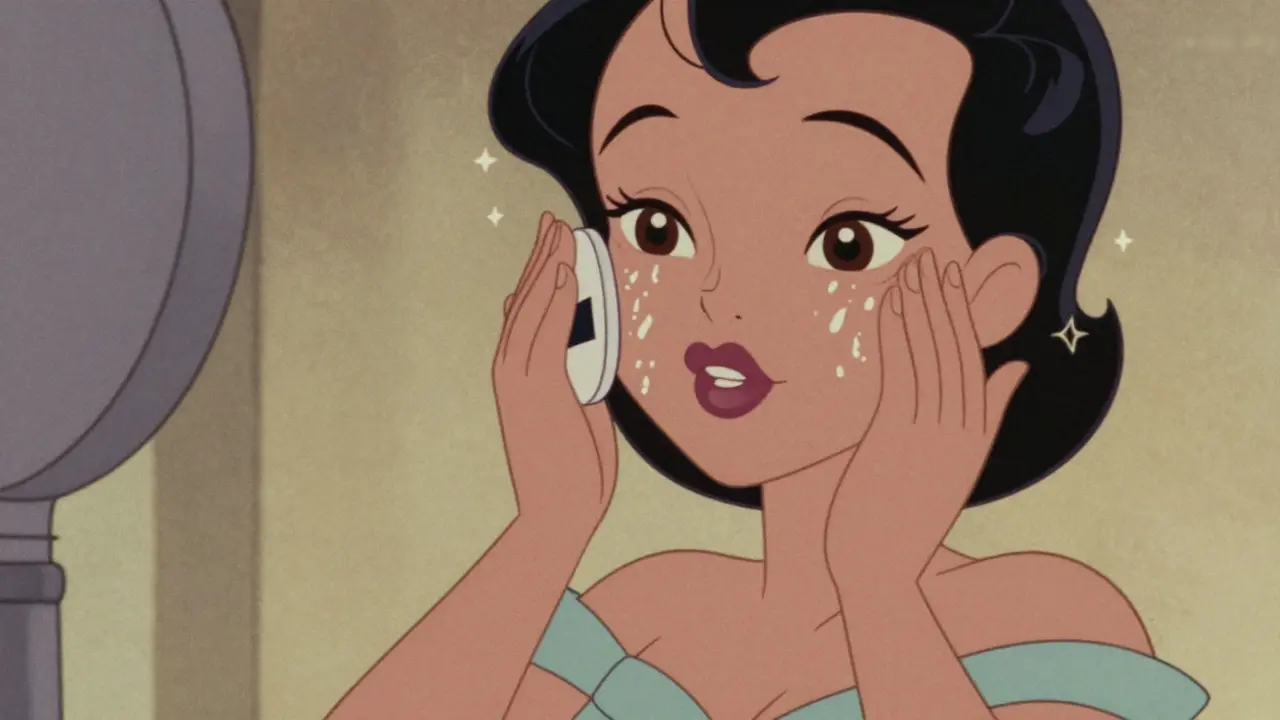 Персонаж наносит кушон на лицо в стиле rubber hose