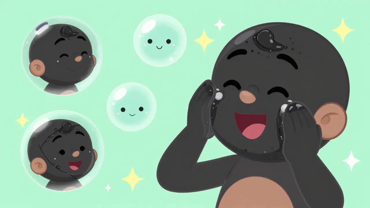 Персонаж наносит угольную маску на Т-зону лица, создавая эффект чистоты и сияния