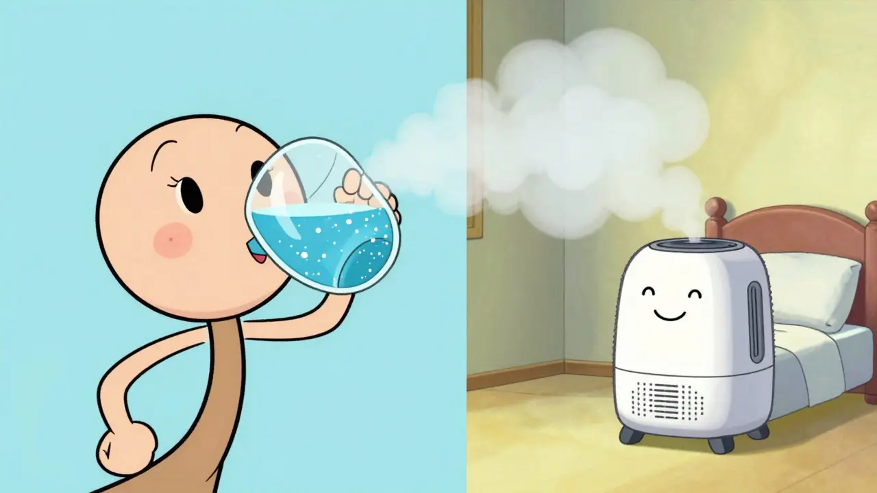 Персонаж пьет воду и увлажнитель воздуха в комнате в стиле анимации rubber hose.