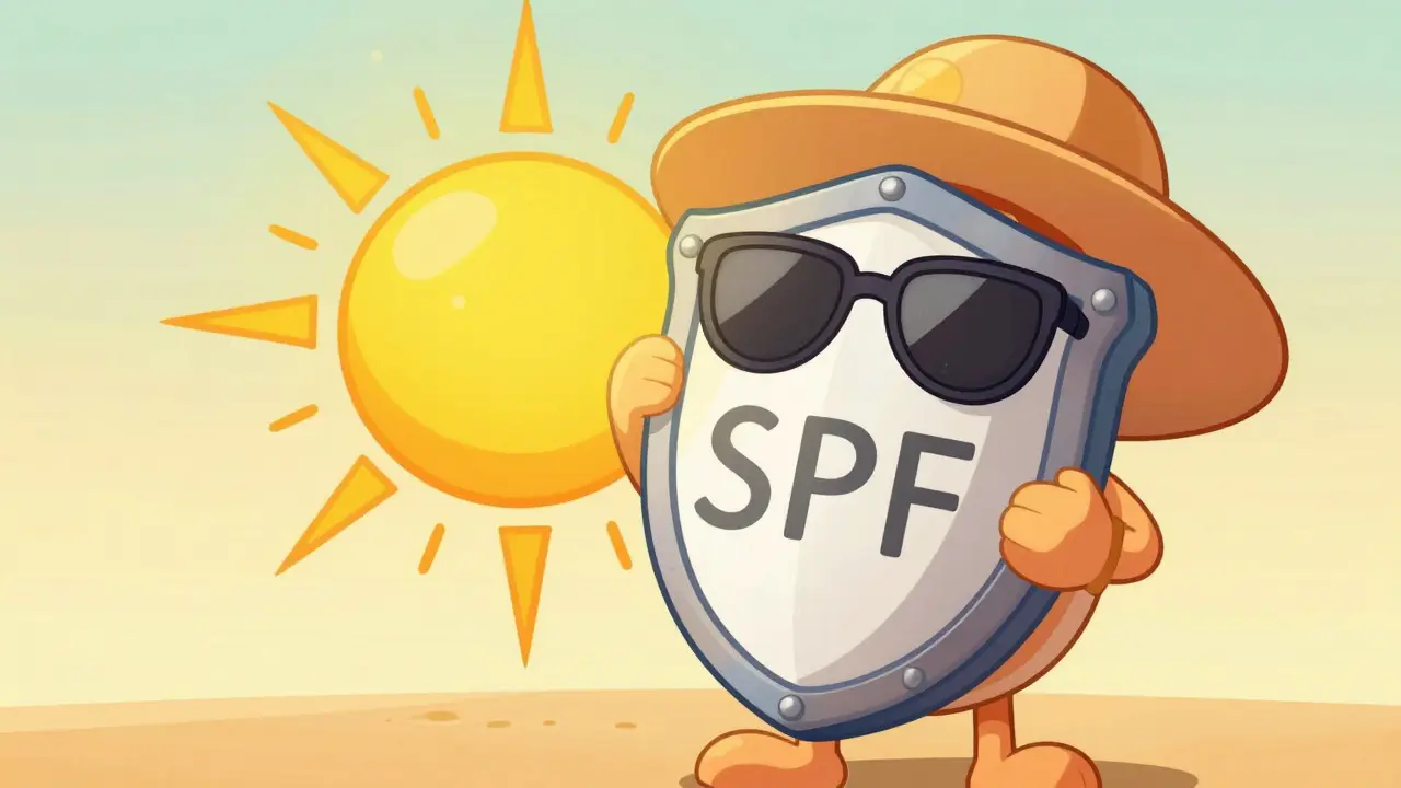 Персонаж с огромным щитом SPF защищается от лучей солнца в стиле старой анимации