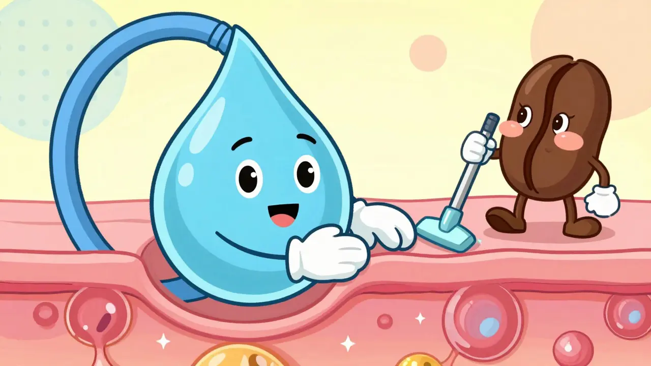 Персонажи-ингредиенты: капля гиалуроновой кислоты и зерно кофе ухаживают за кожей